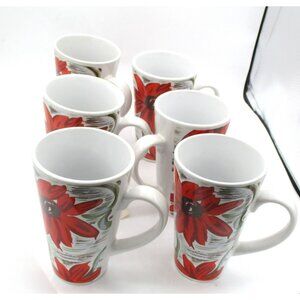 Set Of 4 Red Floral 16oz Coffee Mugs With Green Accents Ceramic Tea Cup Kitchen